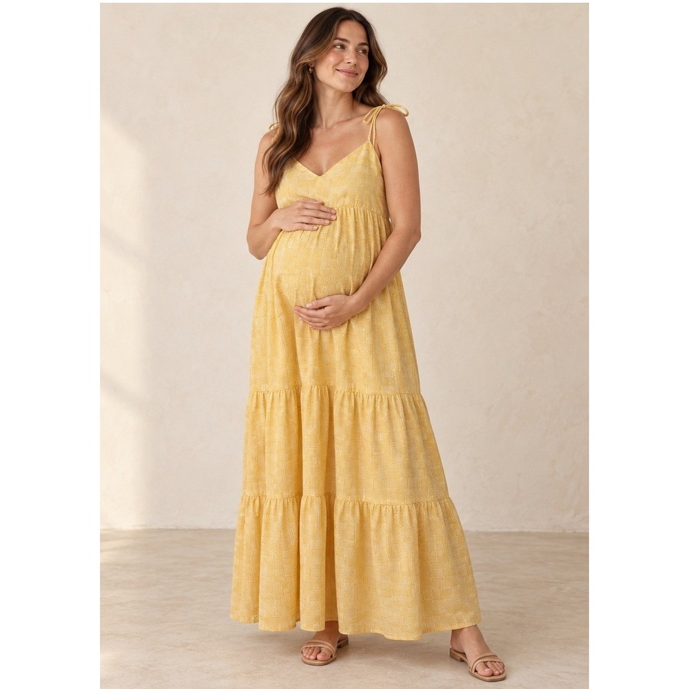 The Nines by Hatch Maternity Maxi Dress Women Medium Yellow Cotton Tiered Boho